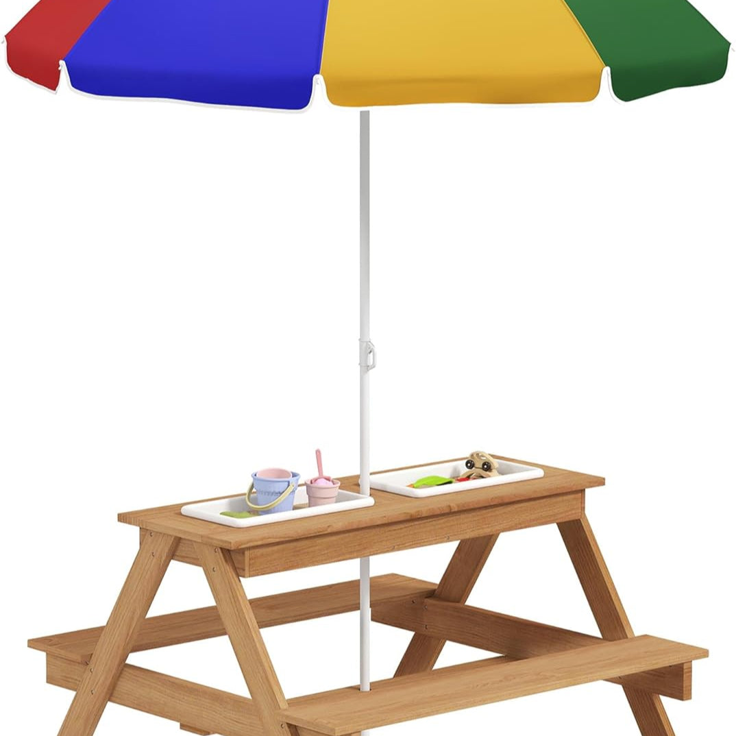 Aeroflux Kids Outdoor Picnic Table with Benches, Sand & Water Play Bins, and Adjustable Parasol