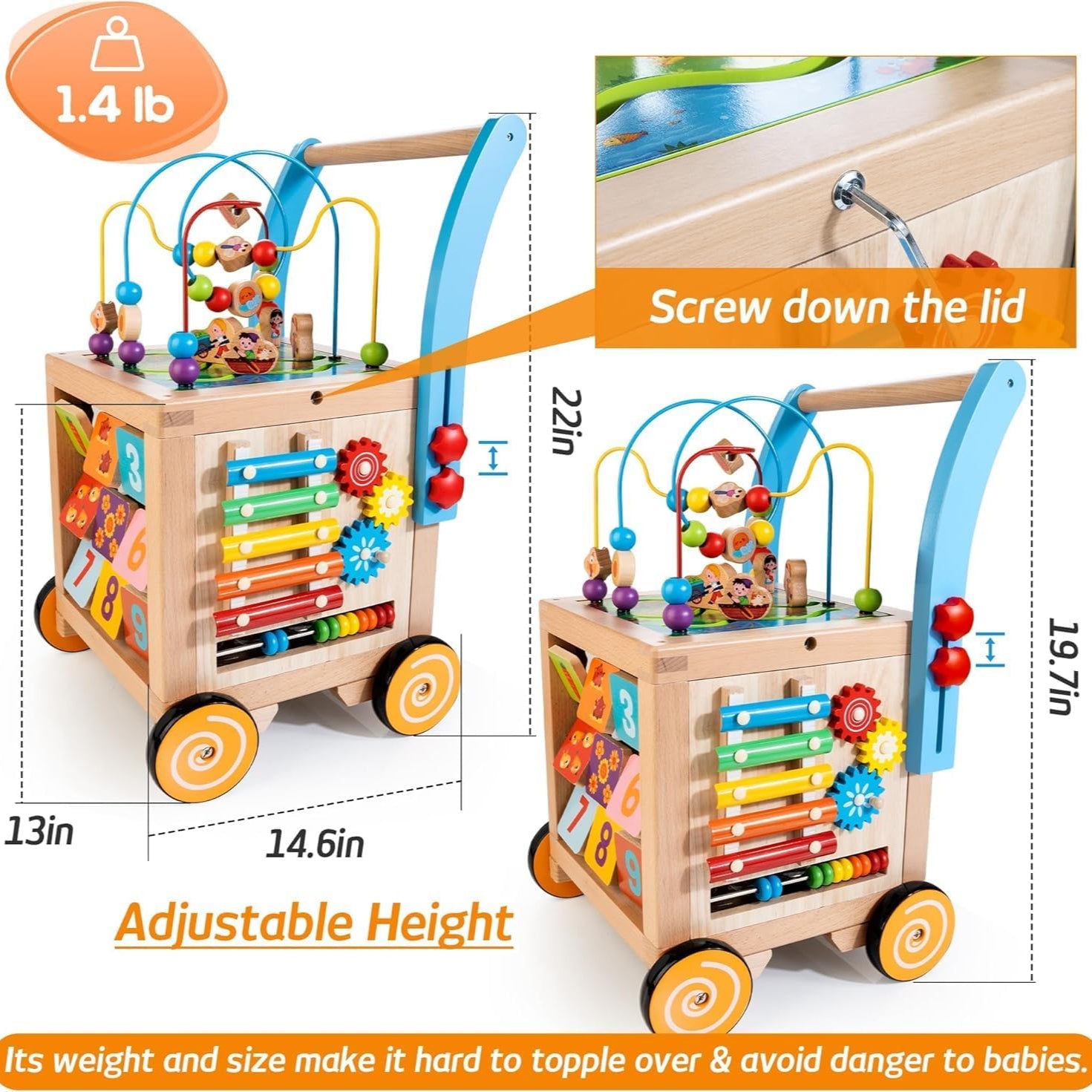 Aeroflux 9-in-1 Wooden Activity Cube Push Walker | Early Learning Educational Toy for Toddlers (12 Months – 4 Years)