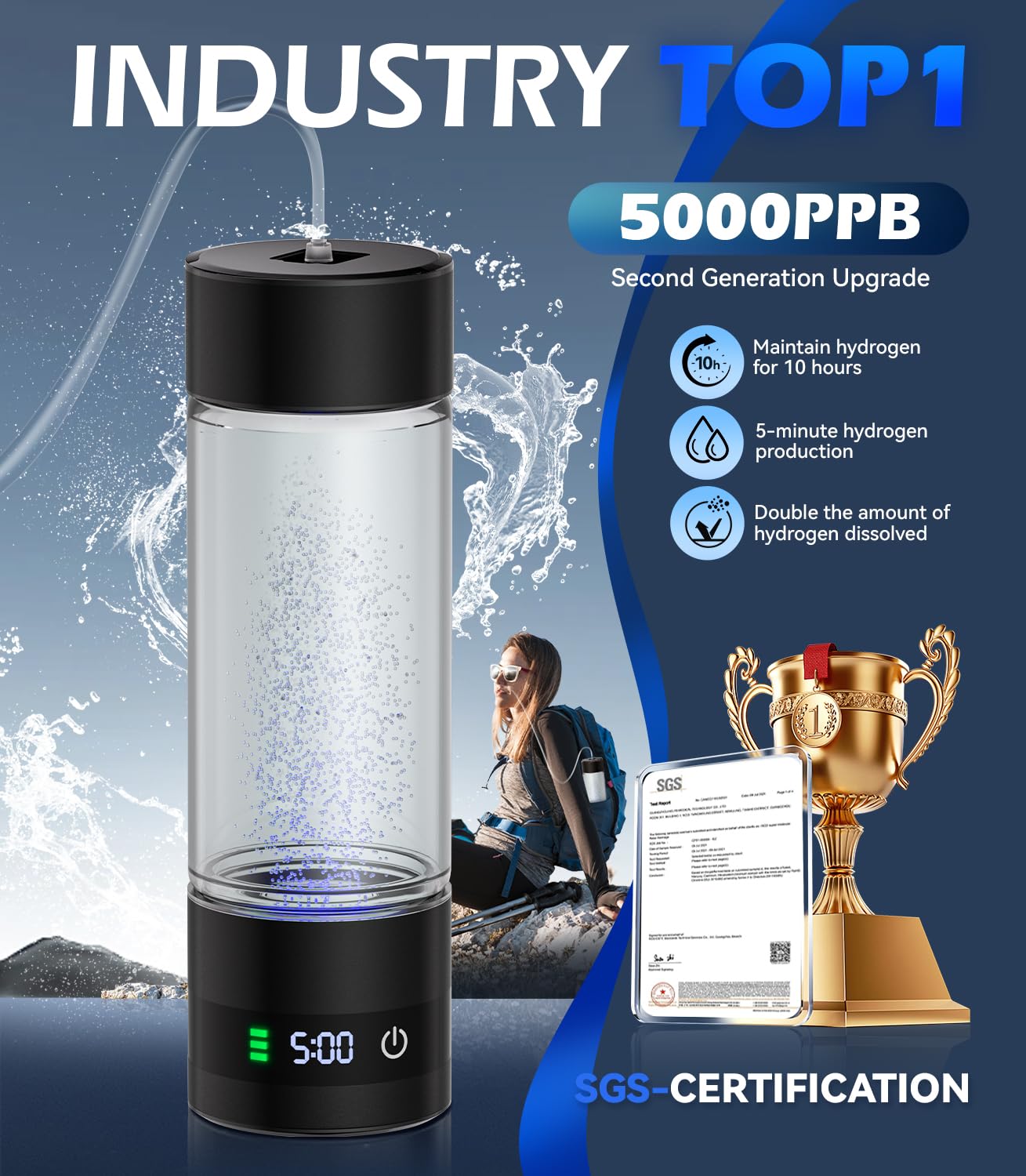 AeroFlux Hydrogen Water Bottle – 5000PPB | Premium SPE PEM Technology | Health & Wellness Redefined
