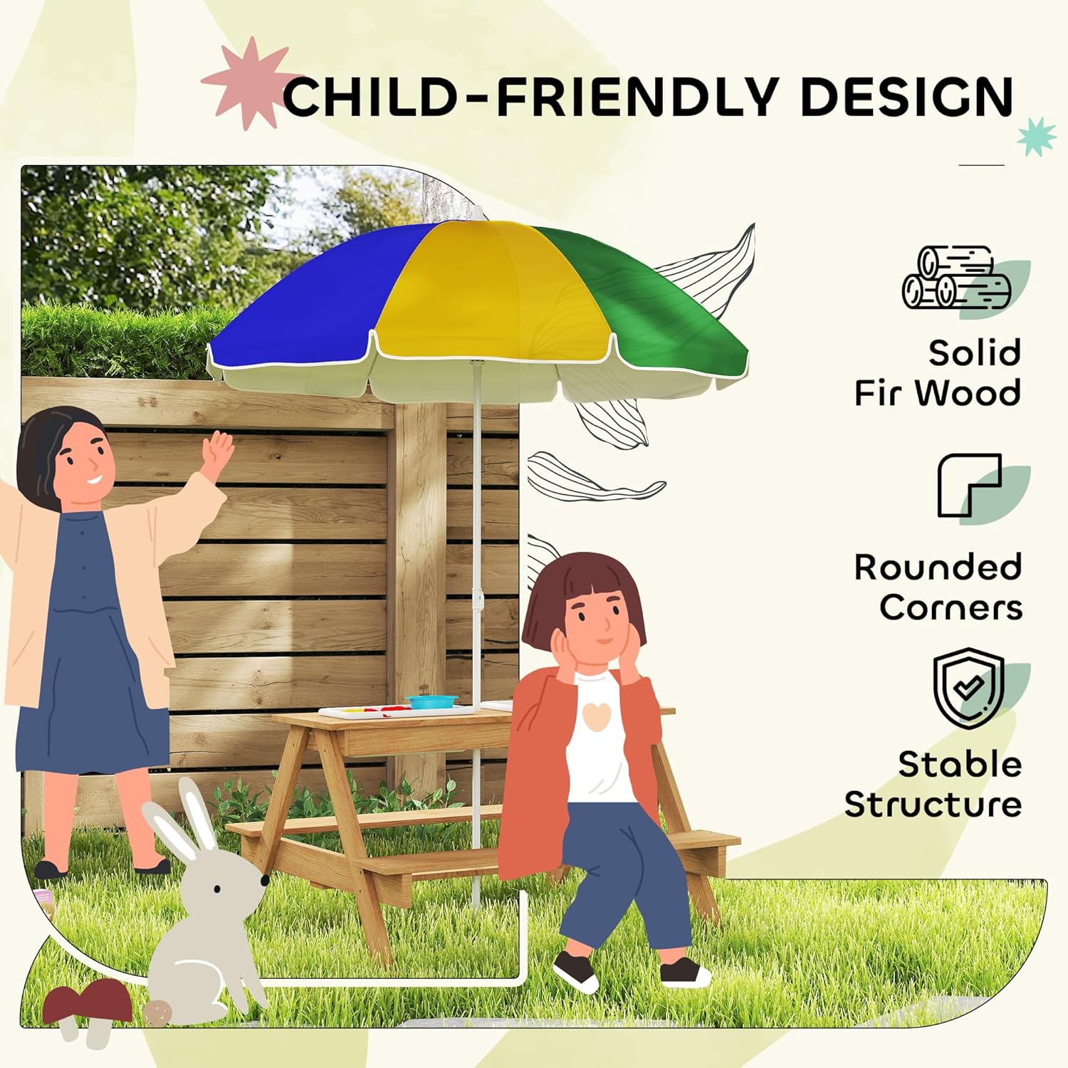Aeroflux Kids Outdoor Picnic Table with Benches, Sand & Water Play Bins, and Adjustable Parasol