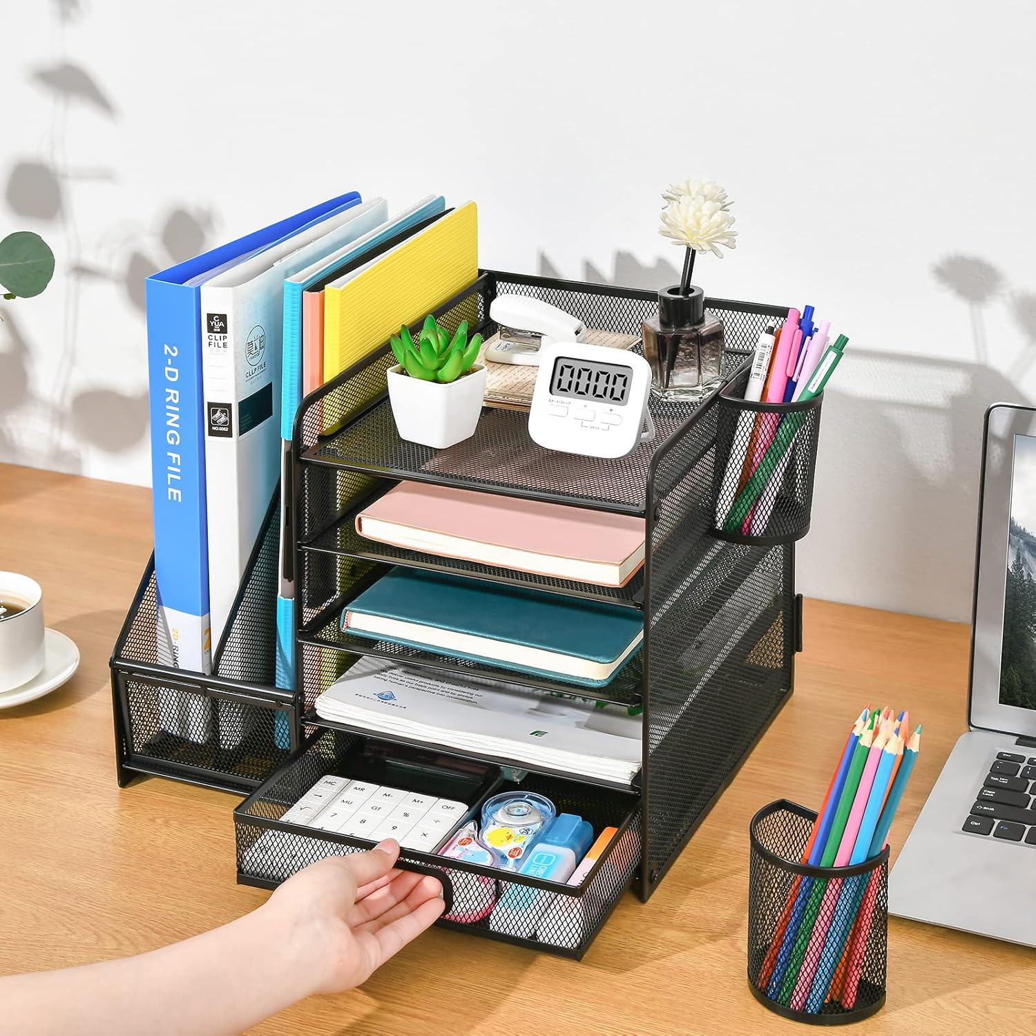AeroFlux® 5-Tier Mesh Desk Organiser with Drawer & Pen Holders