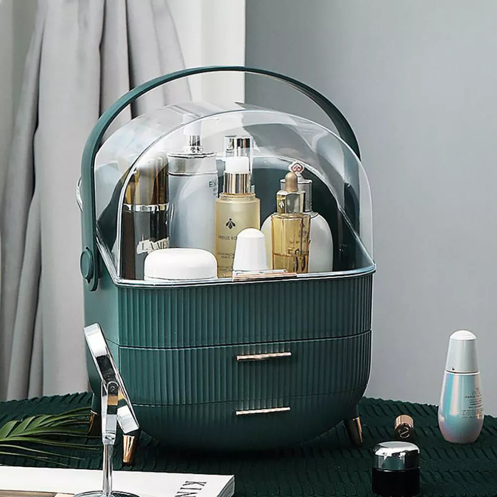 Aeroflux Luxe Cosmetic & Skincare Organiser – 3-Layer Vanity Storage Case with Drawers & Rotating Display Lid (White & Green)