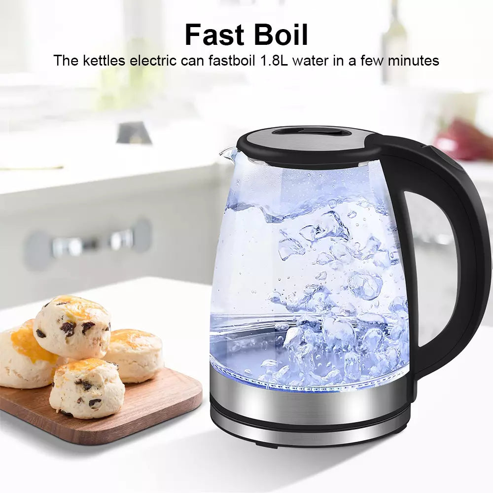 Aeroflux® UltraBoil Electric Kettle – 1.8L, 1500W | Rapid Boil, Auto Shut-Off, Borosilicate Glass, Stainless Steel Filter