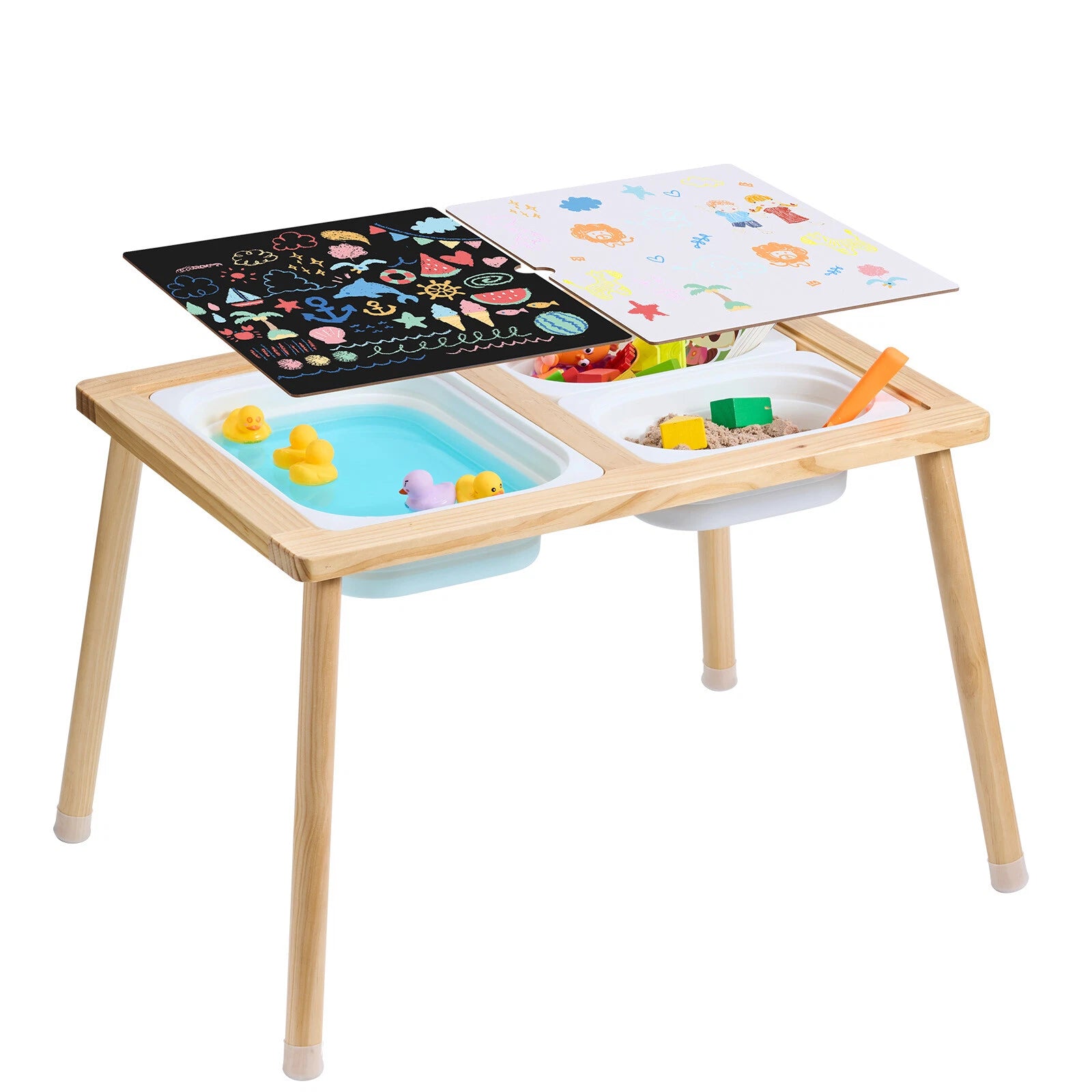 Aeroflux Kids Sensory Table with Storage Bins – Natural Wood Play and Learning Station