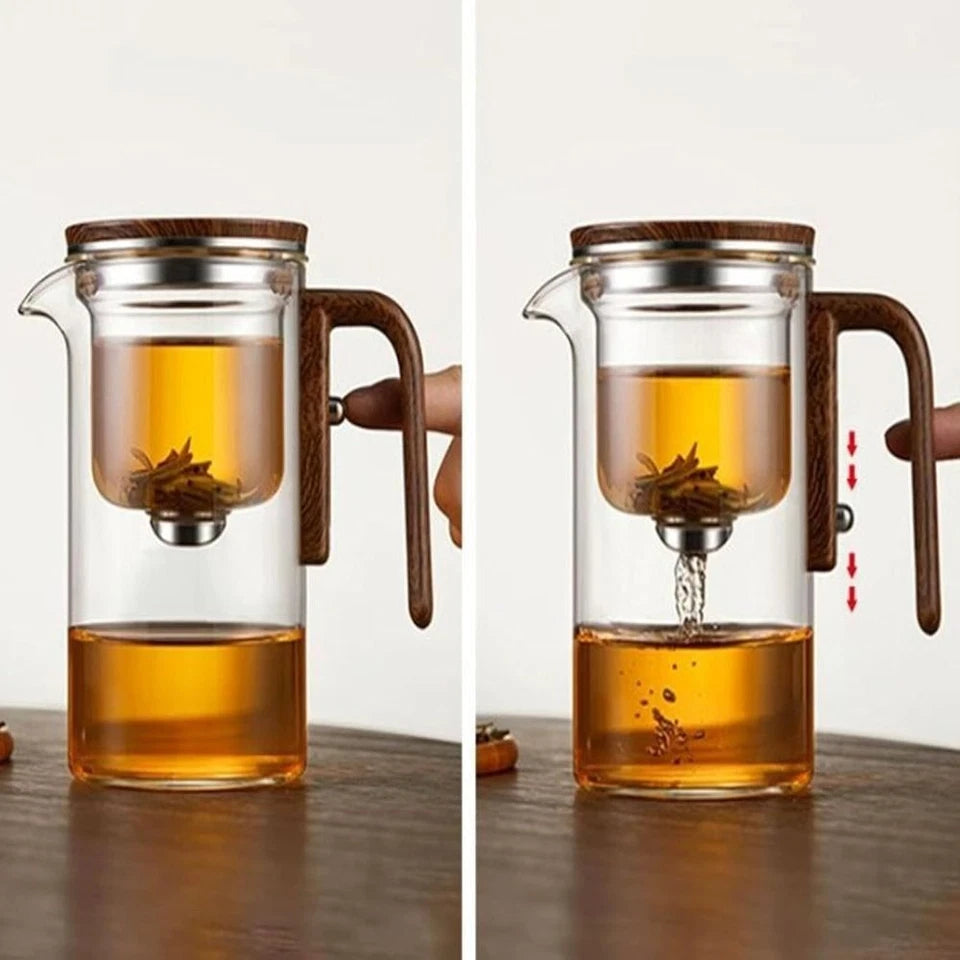 Aeroflux Magic Teapot with Intelligent Tea-Water Separation – 720ml Glass Teapot with Ergonomic Wood-Grain Silicone Handle, Precision Spout, and Versatile Brewing