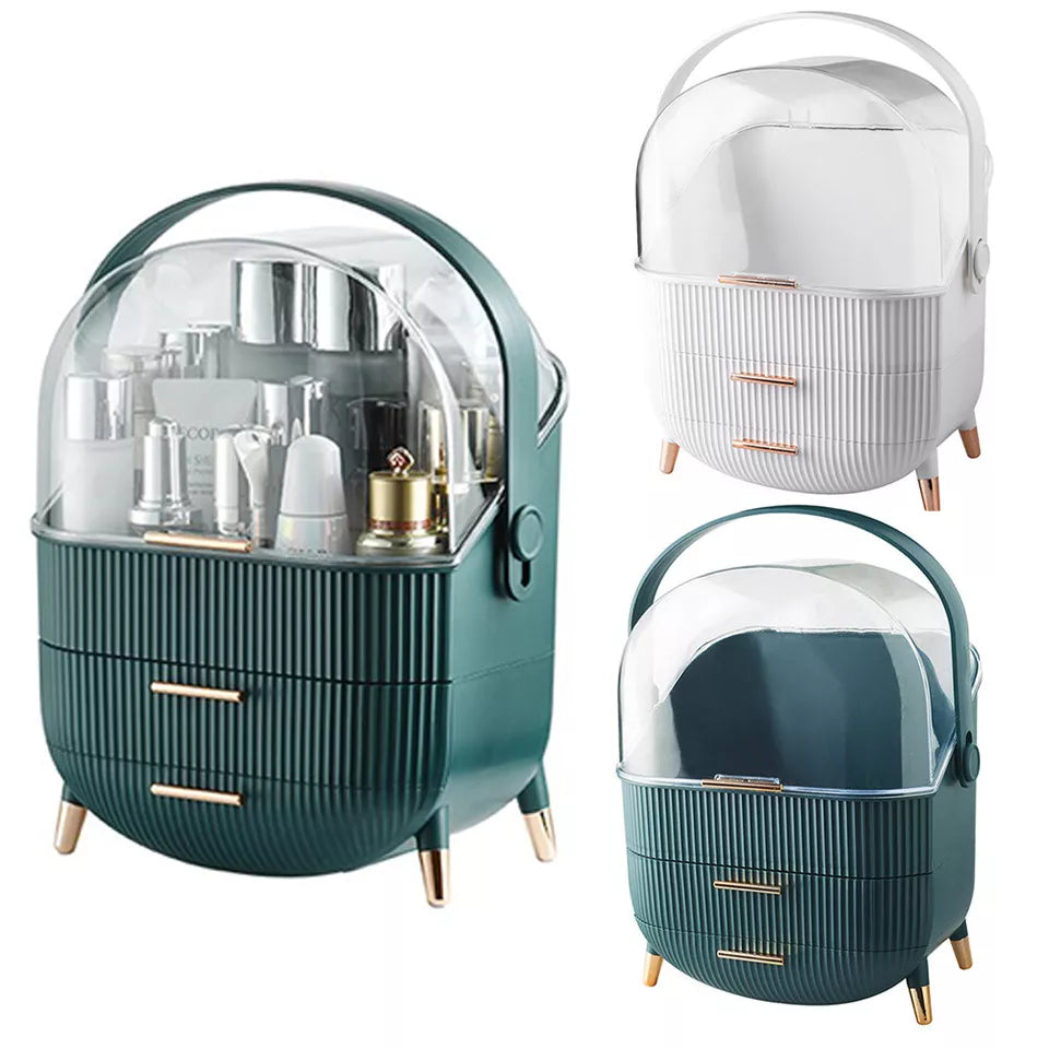 Aeroflux Luxe Cosmetic & Skincare Organiser – 3-Layer Vanity Storage Case with Drawers & Rotating Display Lid (White & Green)