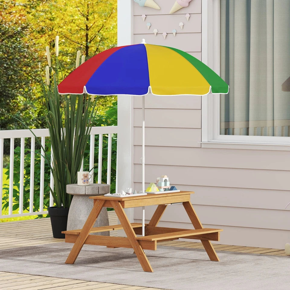 Aeroflux Kids Outdoor Picnic Table with Benches, Sand & Water Play Bins, and Adjustable Parasol