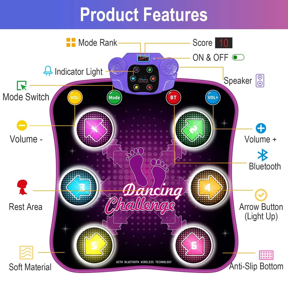 Aeroflux Bluetooth Dance Mat – LED Musical Play Pad for Kids (Ages 3–10)