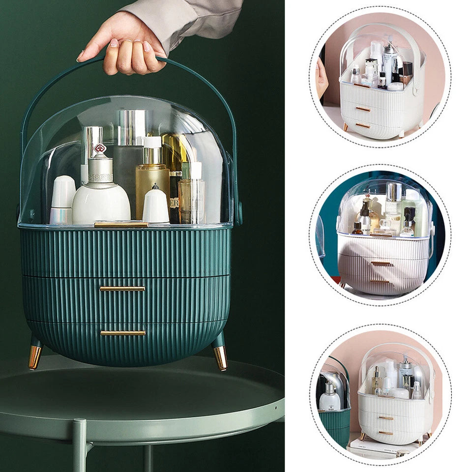 Aeroflux Luxe Cosmetic & Skincare Organiser – 3-Layer Vanity Storage Case with Drawers & Rotating Display Lid (White & Green)