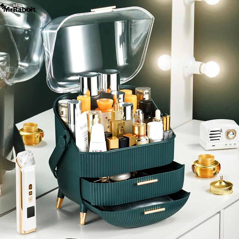 Aeroflux Luxe Cosmetic & Skincare Organiser – 3-Layer Vanity Storage Case with Drawers & Rotating Display Lid (White & Green)