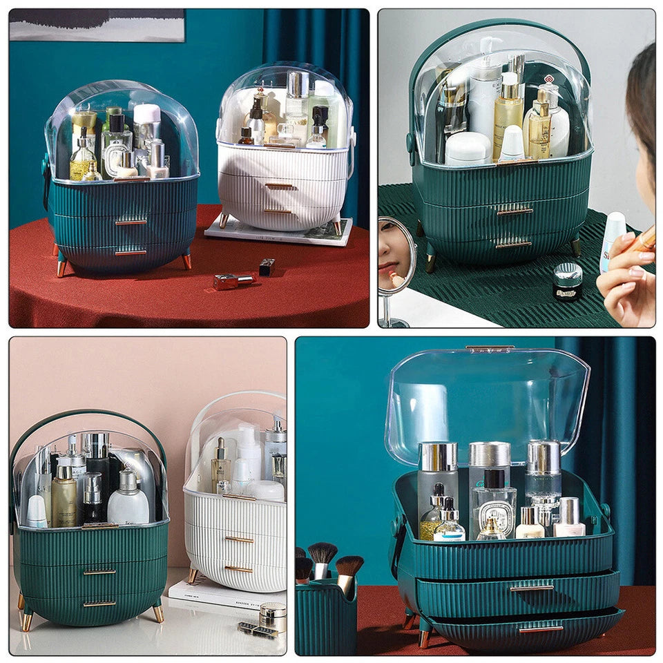 Aeroflux Luxe Cosmetic & Skincare Organiser – 3-Layer Vanity Storage Case with Drawers & Rotating Display Lid (White & Green)