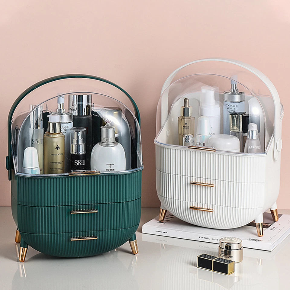 Aeroflux Luxe Cosmetic & Skincare Organiser – 3-Layer Vanity Storage Case with Drawers & Rotating Display Lid (White & Green)