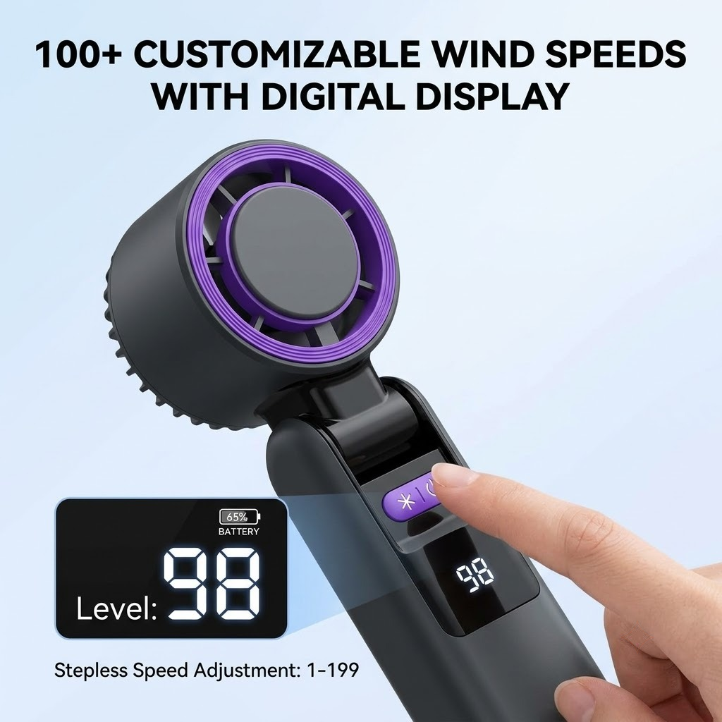 Aeroflux Portable Handheld Turbo Fan – USB Rechargeable with Ice Cooling Plate and Digital Display