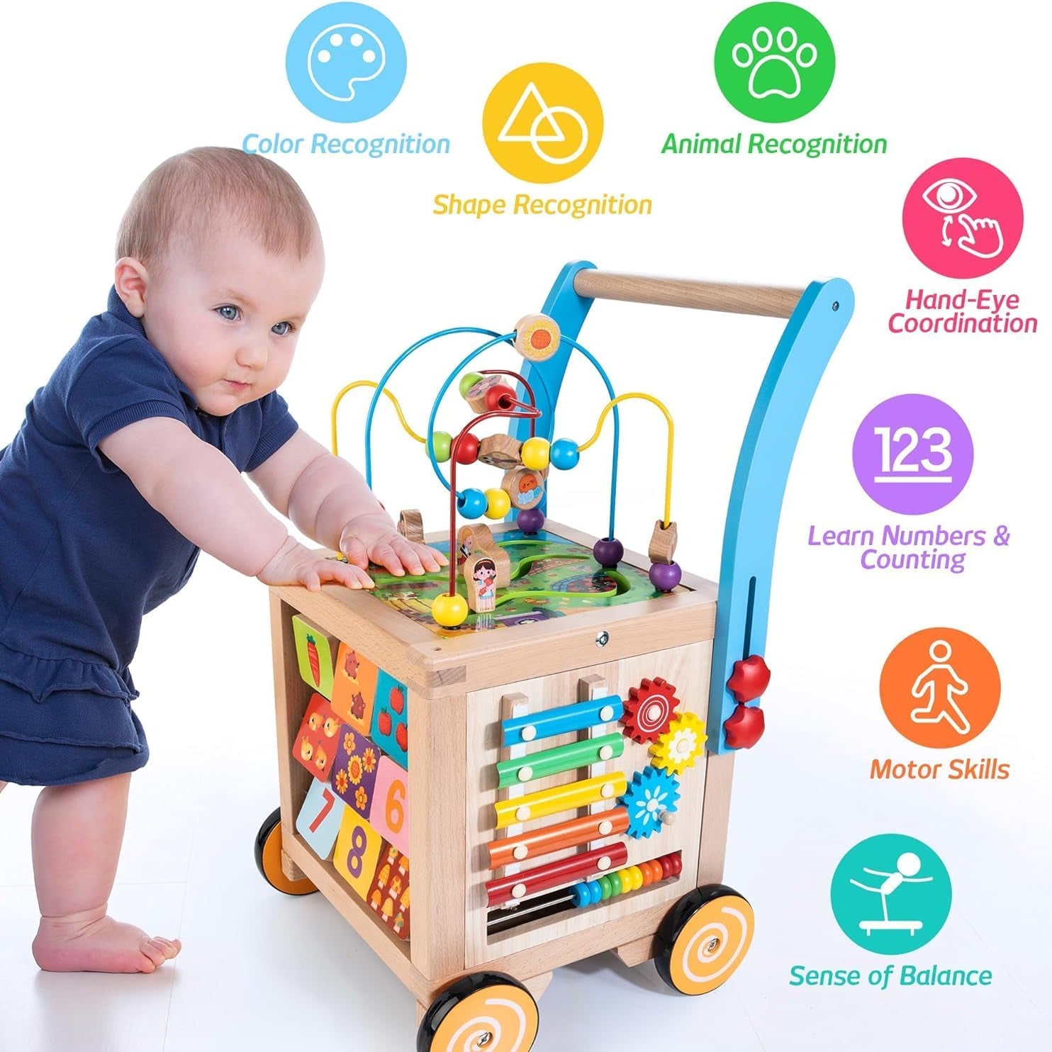 Aeroflux 9-in-1 Wooden Activity Cube Push Walker | Early Learning Educational Toy for Toddlers (12 Months – 4 Years)
