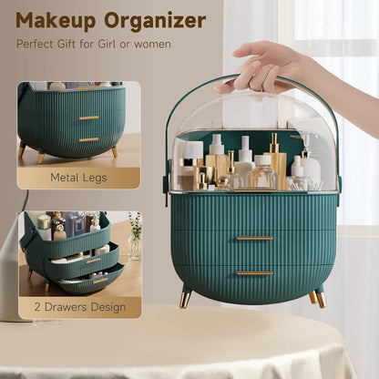 Aeroflux Luxe Cosmetic & Skincare Organiser – 3-Layer Vanity Storage Case with Drawers & Rotating Display Lid (White & Green)