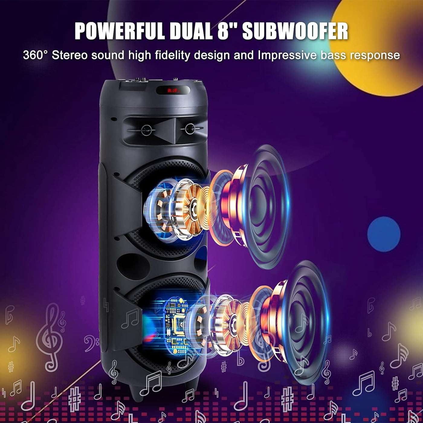 Aeroflux 8" Portable Bluetooth Party Speaker with Microphone and LED Light Display