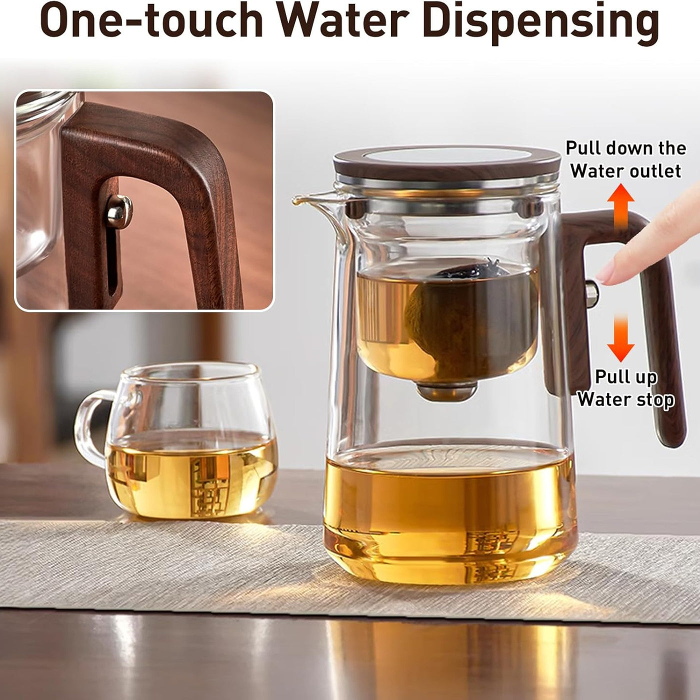 Aeroflux Magic Teapot with Intelligent Tea-Water Separation – 800ml Glass Teapot with Ergonomic Wood-Grain Silicone Handle, Precision Spout, and Versatile Brewing