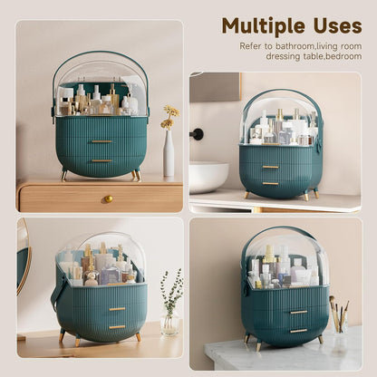 Aeroflux Luxe Cosmetic & Skincare Organiser – 3-Layer Vanity Storage Case with Drawers & Rotating Display Lid (White & Green)