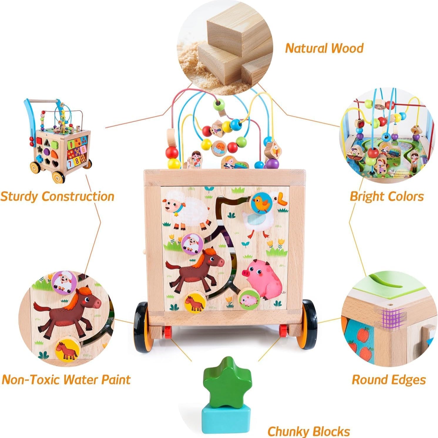 Aeroflux 9-in-1 Wooden Activity Cube Push Walker | Early Learning Educational Toy for Toddlers (12 Months – 4 Years)