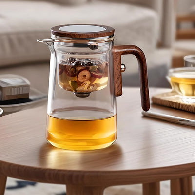 Aeroflux Magic Teapot with Intelligent Tea-Water Separation – 800ml Glass Teapot with Ergonomic Wood-Grain Silicone Handle, Precision Spout, and Versatile Brewing