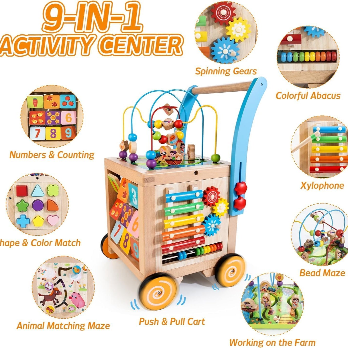 Aeroflux 9-in-1 Wooden Activity Cube Push Walker | Early Learning Educational Toy for Toddlers (12 Months – 4 Years)