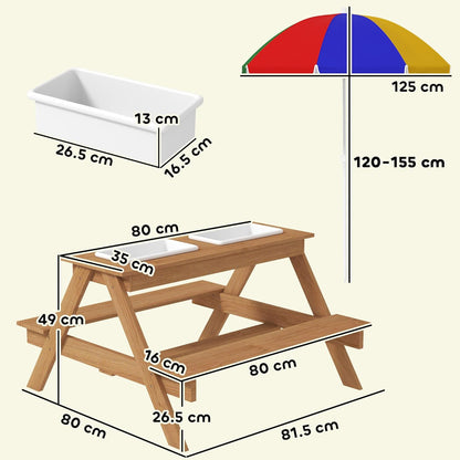 Aeroflux Kids Outdoor Picnic Table with Benches, Sand & Water Play Bins, and Adjustable Parasol