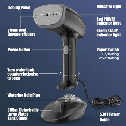 Aeroflux© Handheld Fabric Steamer – 1800W with Fast Ceramic Heat-Up Plate & 2-in-1 Ironing