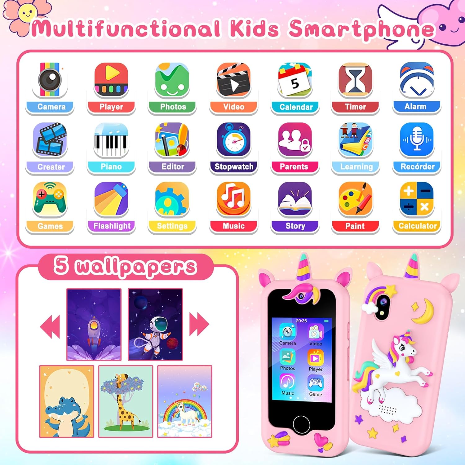 AeroFlux Kids Toy Smart Phone – Unicorn Design (Multifunctional Learning & Play Device)