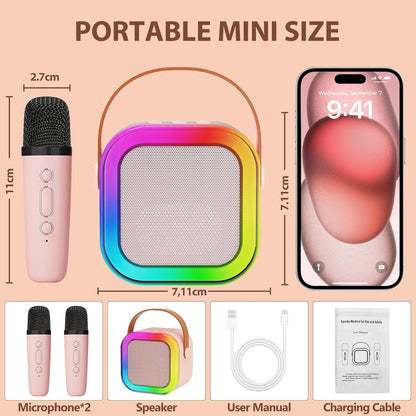 Aeroflux© Mini Karaoke Machines for Kids Adults W/2 Microphones, Portable Bluetooth Speaker, Voice Changing Effects