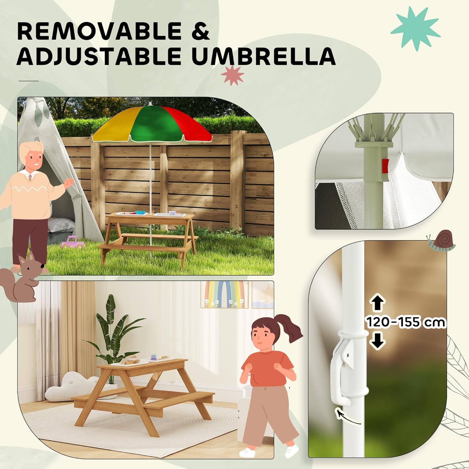 Aeroflux Kids Outdoor Picnic Table with Benches, Sand & Water Play Bins, and Adjustable Parasol