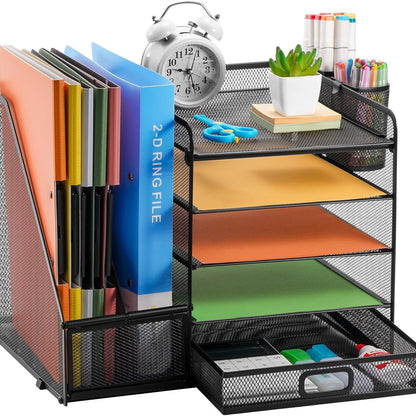 AeroFlux® 5-Tier Mesh Desk Organiser with Drawer & Pen Holders