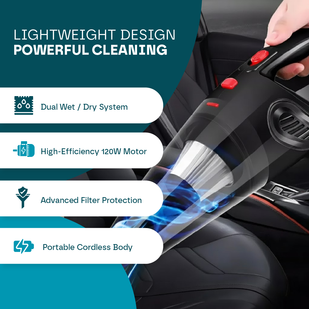 Aeroflux® Cordless Handheld Vacuum Cleaner – Cars, Wet & Dry, Portable, Rechargeable (120W)