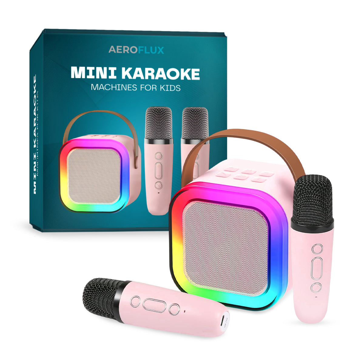 Aeroflux© Mini Karaoke Machines for Kids Adults W/2 Microphones, Portable Bluetooth Speaker, Voice Changing Effects