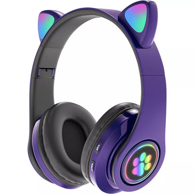 Aeroflux®Wireless Bluetooth Kids Headphones – Foldable Cat Ear Headphones with LED Lights, Built-in Mic & Volume Control