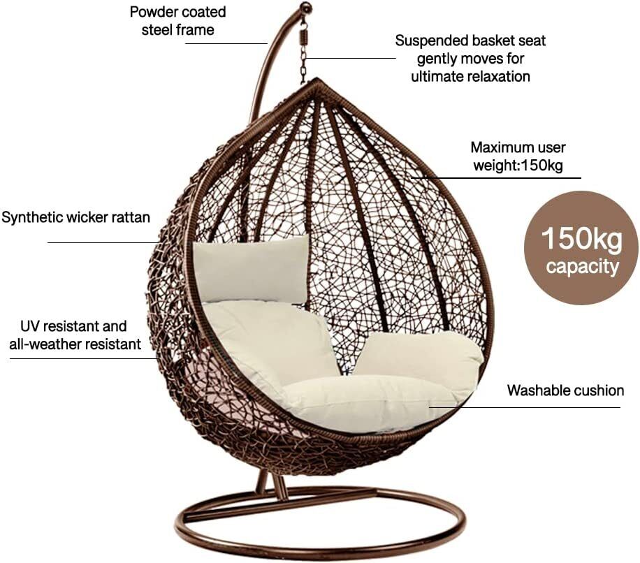Aeroflux© Luxury Rattan Swing Egg Chair with Premium Cushions DP1