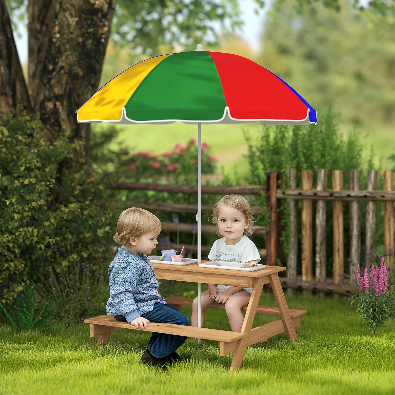 Aeroflux Kids Outdoor Picnic Table with Benches, Sand & Water Play Bins, and Adjustable Parasol