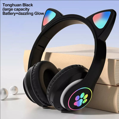 Aeroflux®Wireless Bluetooth Kids Headphones – Foldable Cat Ear Headphones with LED Lights, Built-in Mic & Volume Control