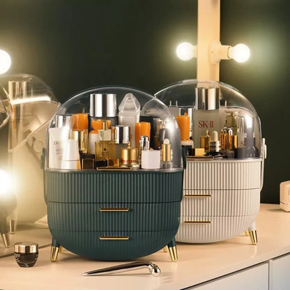 Aeroflux Luxe Cosmetic & Skincare Organiser – 3-Layer Vanity Storage Case with Drawers & Rotating Display Lid (White & Green)