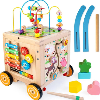 Aeroflux 9-in-1 Wooden Activity Cube Push Walker | Early Learning Educational Toy for Toddlers (12 Months – 4 Years)