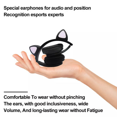 Aeroflux®Wireless Bluetooth Kids Headphones – Foldable Cat Ear Headphones with LED Lights, Built-in Mic & Volume Control
