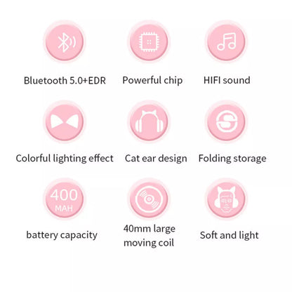 Aeroflux®Wireless Bluetooth Kids Headphones – Foldable Cat Ear Headphones with LED Lights, Built-in Mic & Volume Control