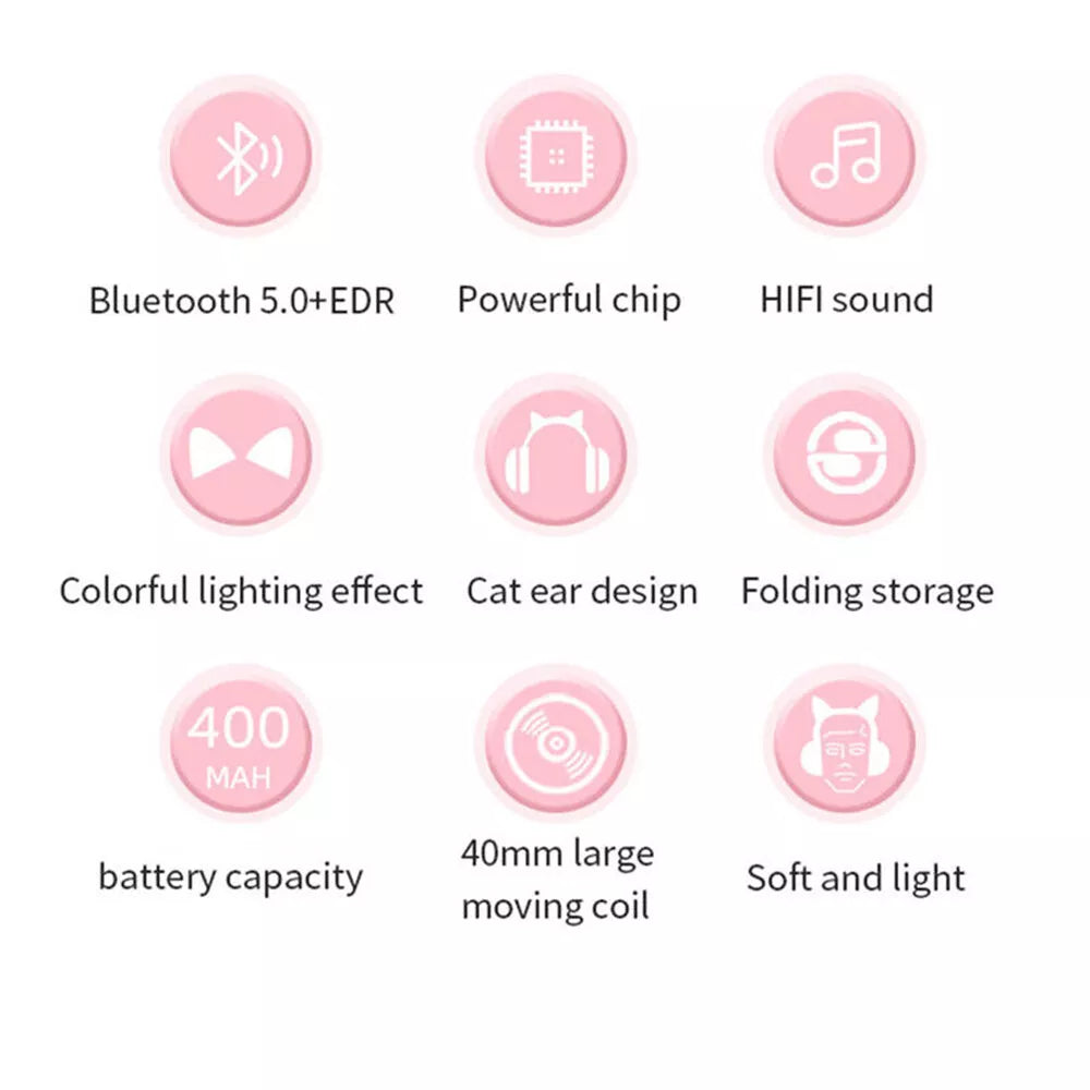 Aeroflux®Wireless Bluetooth Kids Headphones – Foldable Cat Ear Headphones with LED Lights, Built-in Mic & Volume Control