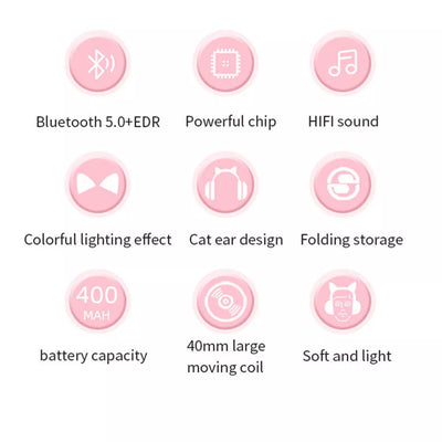 Aeroflux®Wireless Bluetooth Kids Headphones – Foldable Cat Ear Headphones with LED Lights, Built-in Mic & Volume Control