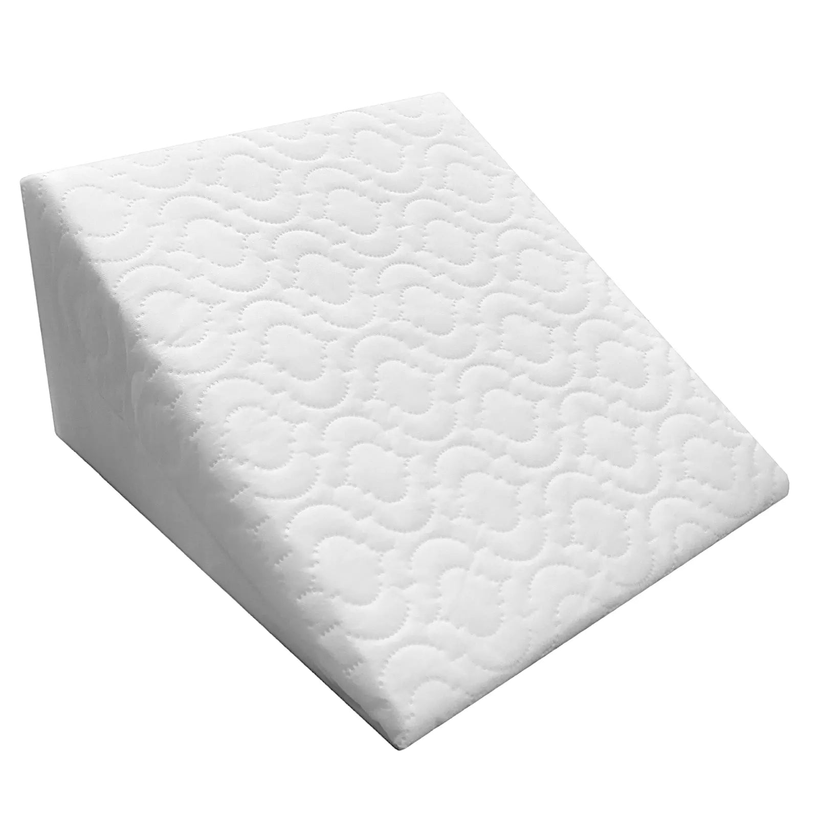 A white, large triangle shaped wedge pillow with a quilted design.