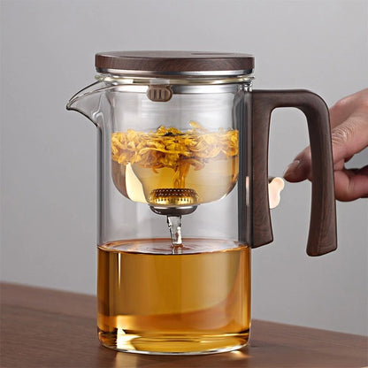 Aeroflux Magic Teapot with Intelligent Tea-Water Separation – 720ml Glass Teapot with Ergonomic Wood-Grain Silicone Handle, Precision Spout, and Versatile Brewing