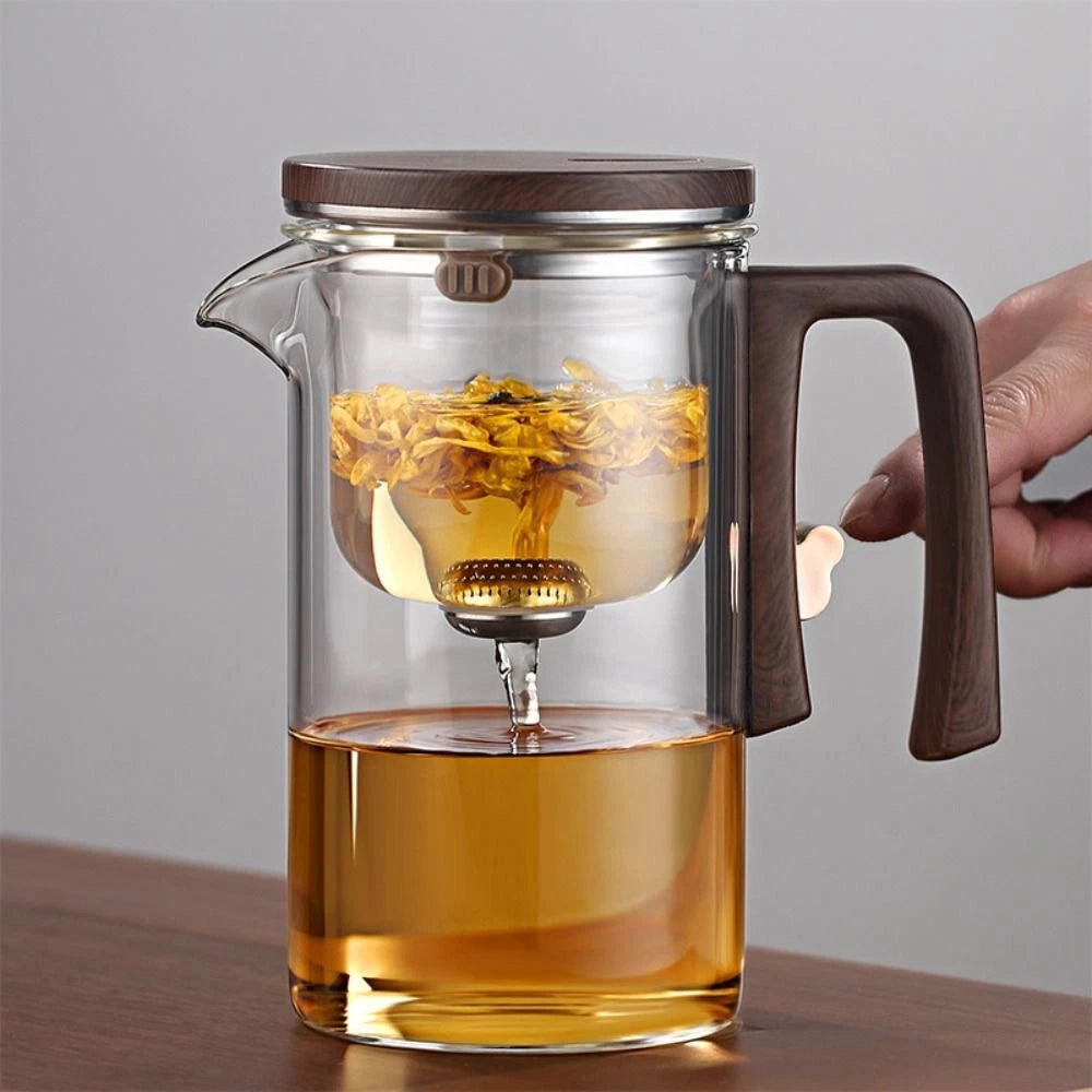 Aeroflux Magic Teapot with Intelligent Tea-Water Separation – 800ml Glass Teapot with Ergonomic Wood-Grain Silicone Handle, Precision Spout, and Versatile Brewing