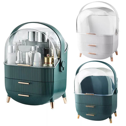 Aeroflux Luxe Cosmetic & Skincare Organiser – 3-Layer Vanity Storage Case with Drawers & Rotating Display Lid (White & Green)