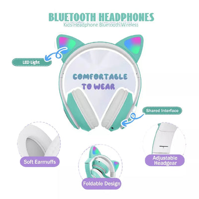 Aeroflux®Wireless Bluetooth Kids Headphones – Foldable Cat Ear Headphones with LED Lights, Built-in Mic & Volume Control
