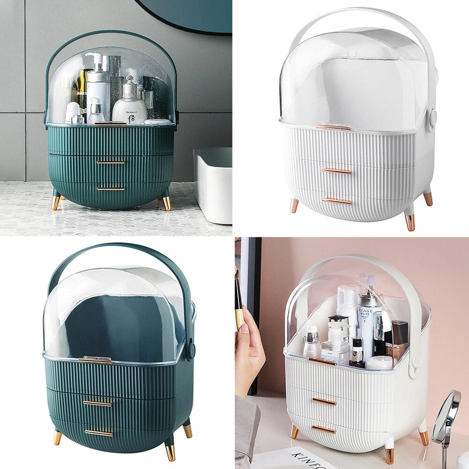 Aeroflux Luxe Cosmetic & Skincare Organiser – 3-Layer Vanity Storage Case with Drawers & Rotating Display Lid (White & Green)