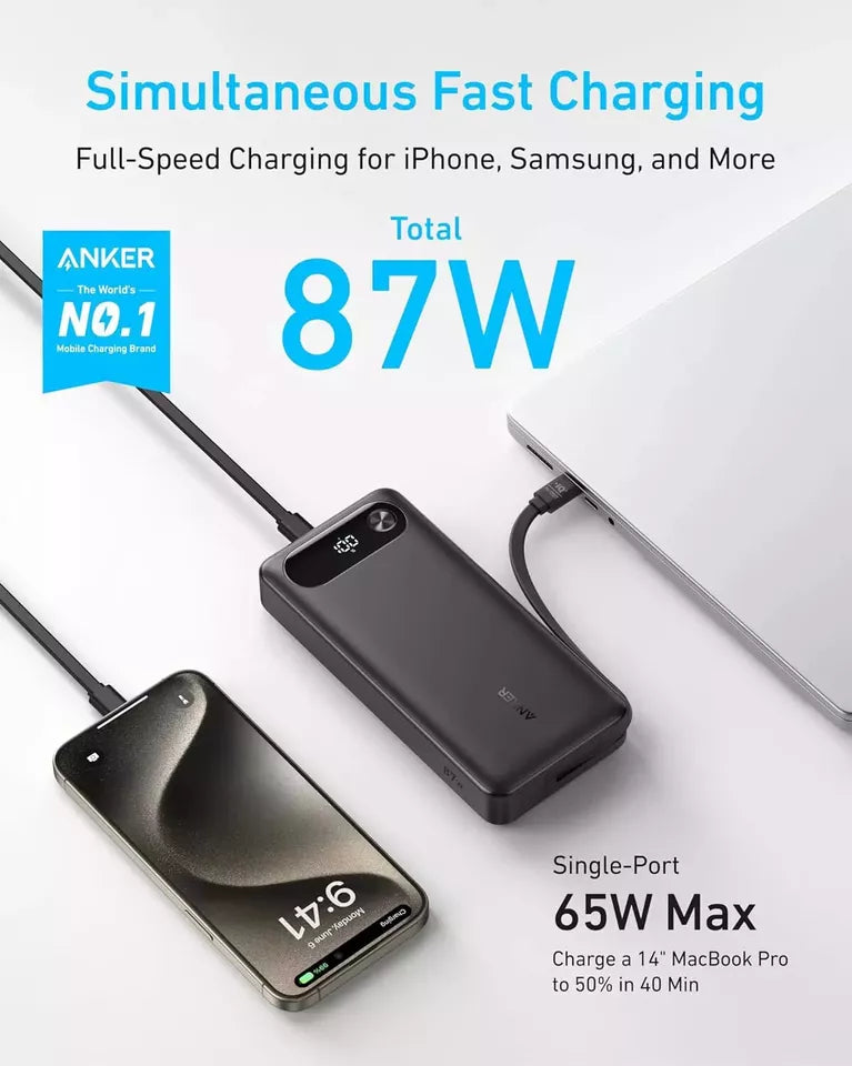 AeroFlux® 20,000mAh Ultra-Fast Charging Power Bank – Built-in USB-C Cable & 87W Max Output